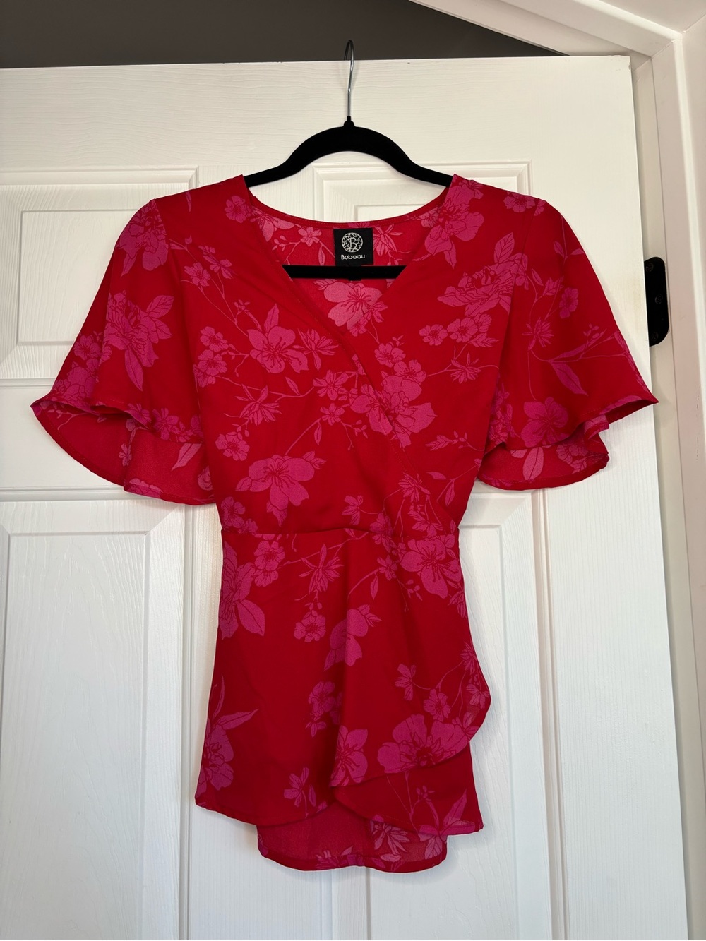 bobeau Red Floral Wrap-Front Flutter Sleeve Blouse
